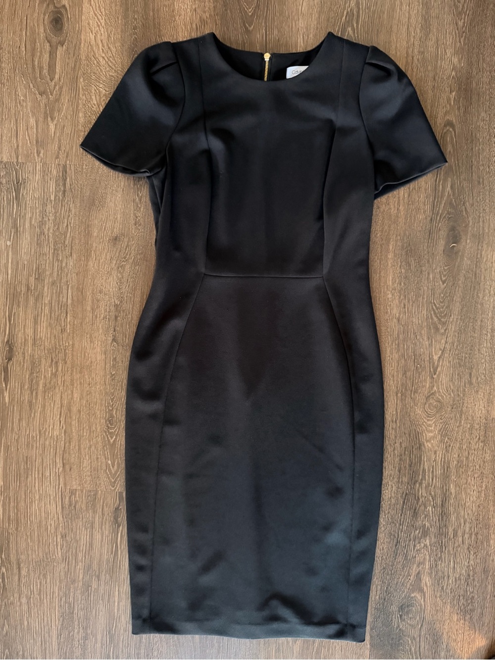 Calvin Klein Black Short-Sleeve Sheath Midi Dress w/ Gold Zipper Sz 6